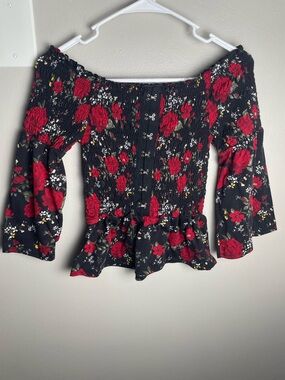 Almost Famous Black Off-Shoulder Floral Corset Smocked Top with Red Roses